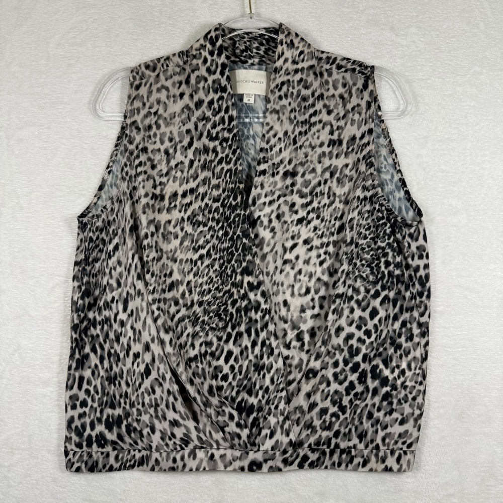 Brochu Walker Womens Leopard Print Sleeveless Surplice Top Gray Black PLP 3038 M